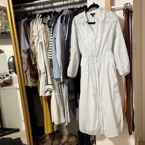J. Crew Light Blue and White Striped Midi Shirt Dress